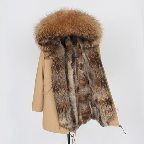 Cappotto Cappuccio Donna Vera Pelliccia di Procione Fodera Coniglio Giacca Lunga Finitura Pelliccia Cappotto - Foto 40 di 41