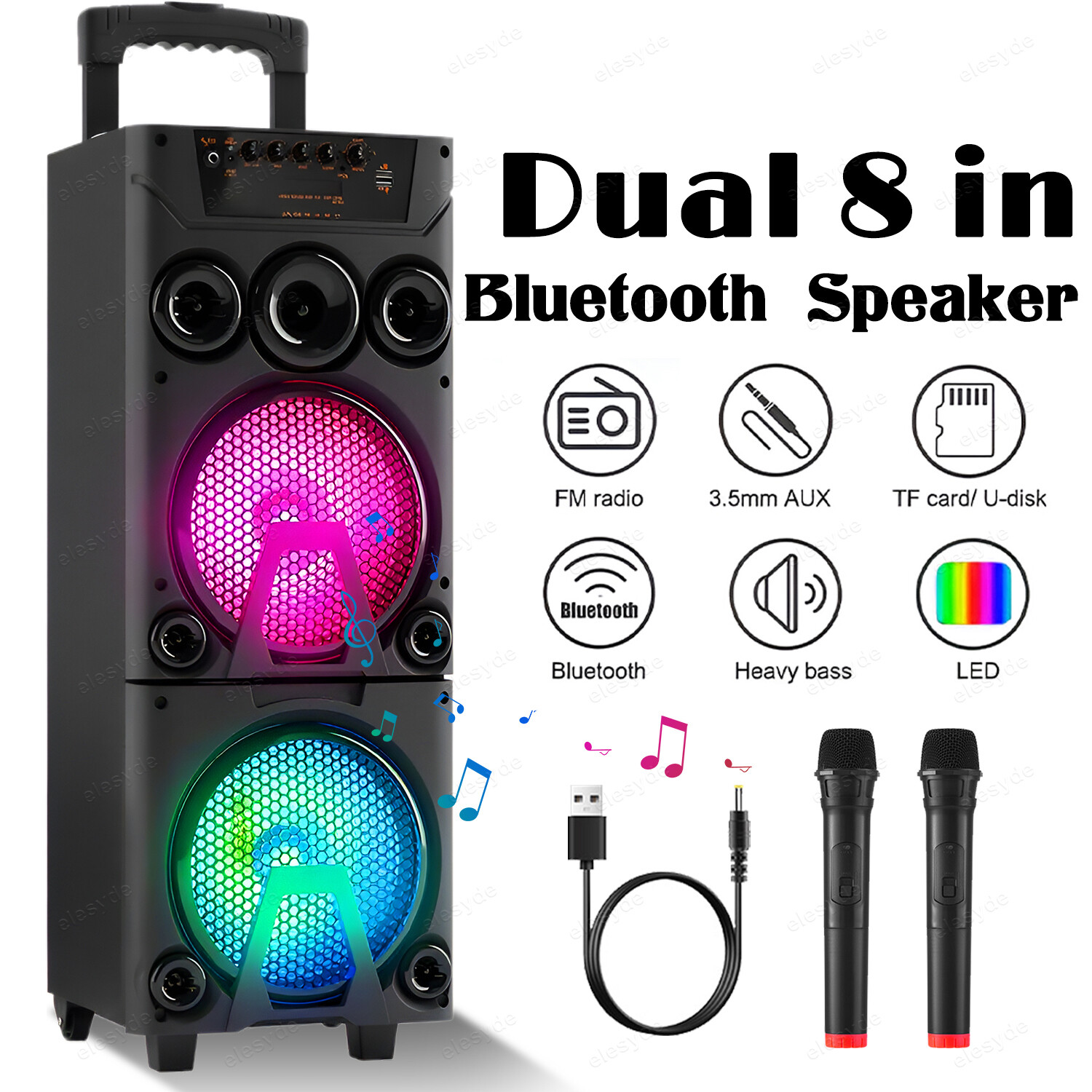 Portable Karaoke Speaker with 8-Inch Subwoofer 2 Wireless Mics LED Lights USB SD Support