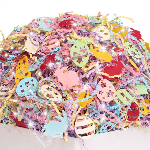 1 LB Iridescent Easter Grass Crinkle Cut Paper W/Bunny Egg Confetti, Blue Yellow - 第 1/7 張圖片