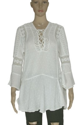 Free People Dot Pattern Crochet Lace Up Bell Long Sleeve Tunic Top Summer New XS