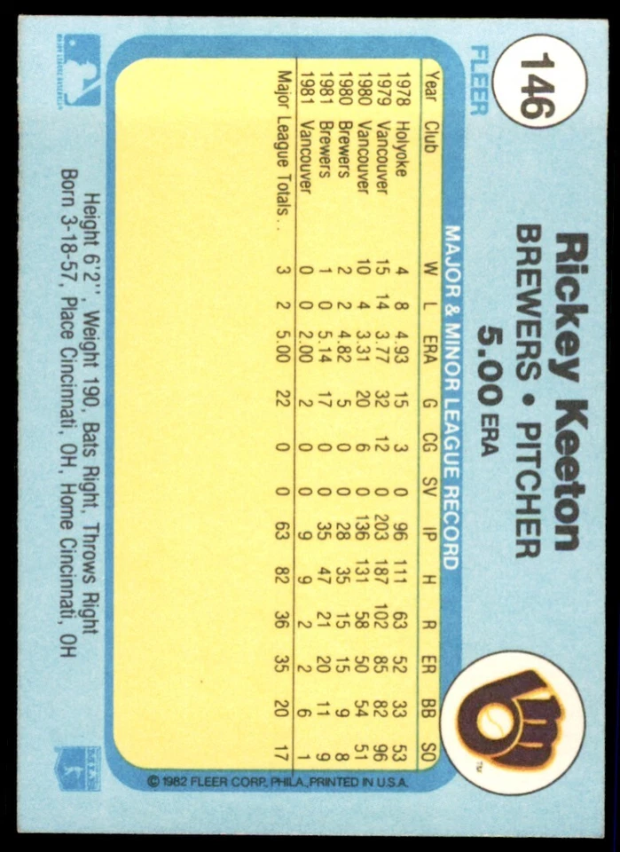 1982 FLEER RICKEY KEETON MILWAUKEE BREWERS #146 - Image 2 of 2