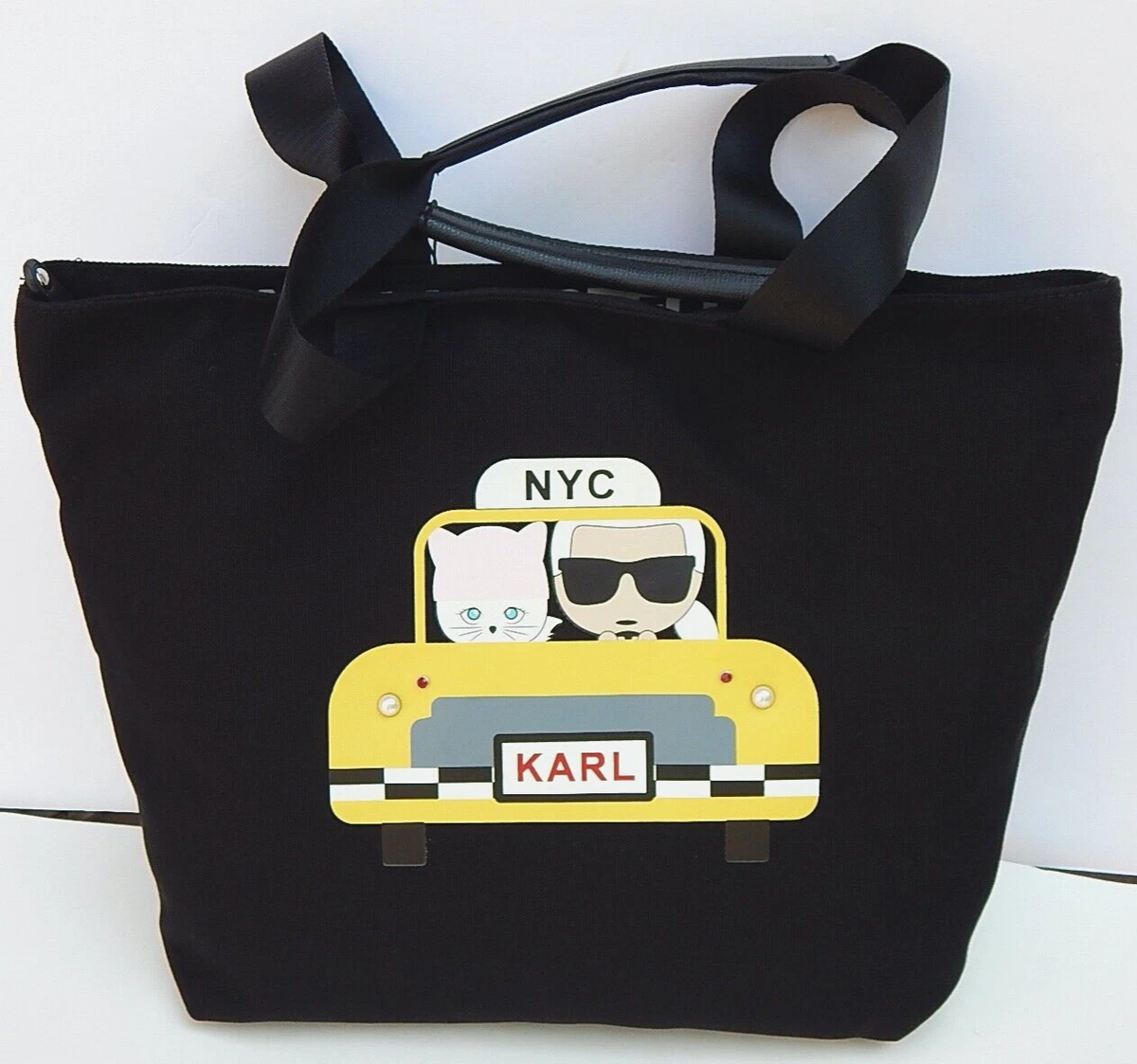 Karl Lagerfeld Paris Black TAXI KRISTEN Logo Print Canvas Tote Bag NEW AUTHENTIC