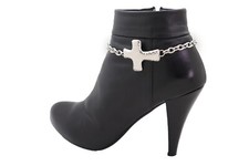 Women Western Boot Silver Color Metal Chain Bracelet Shoe Religious Cross Charm