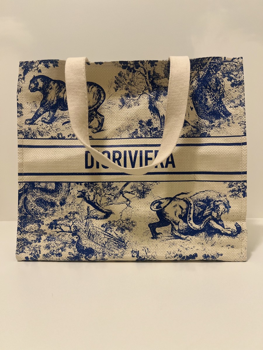 CHRISTIAN DIOR Straw Dioriviera Shopper Tote Ivory and Blue