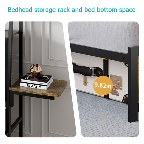 Queen Size Bed Frame w/ Upholstered Headboard & LED Lights & USB Ports - Picture 9 of 13