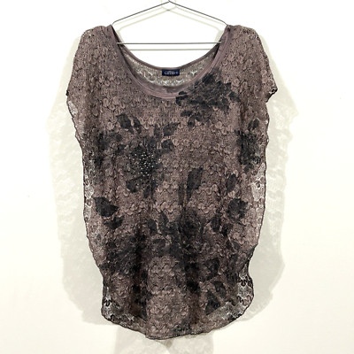 LAVISH Tunic Womens Large Y2K Purple Black Lace Floral Knit Embellished USA