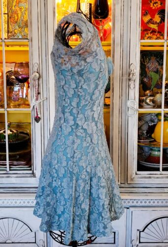 Vintage Betsey Johnson 90s Blue Sheer Mesh Floral Lace Rosette Mini Slip Dress S - Picture 8 of 12