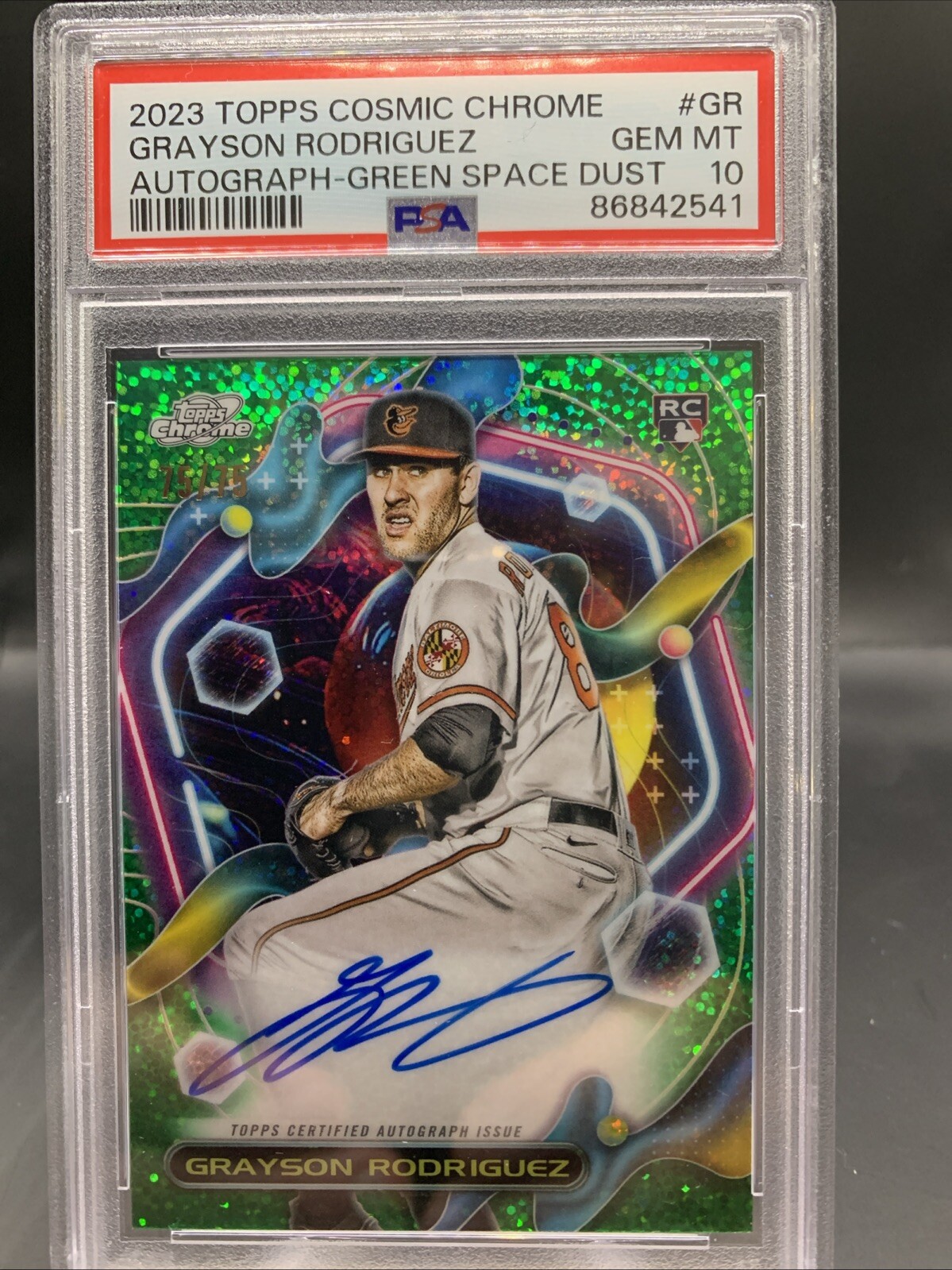 2023 Topps Cosmic Chrome Grayson Rodriguez Auto Green Space Dust 75/75 PSA 10