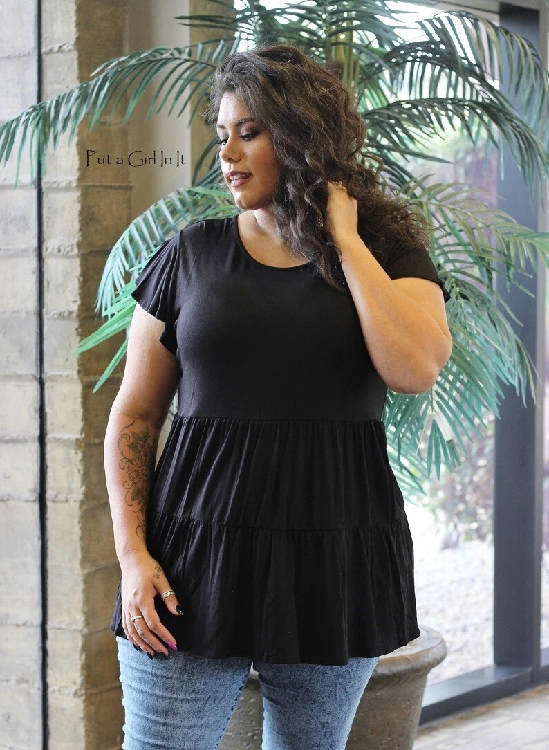 New Womens PLUS SIZE USA SOFT BLACK TIERED BABYDOLL RUFFLE TUNIC SHIRT 1X  2X 3X