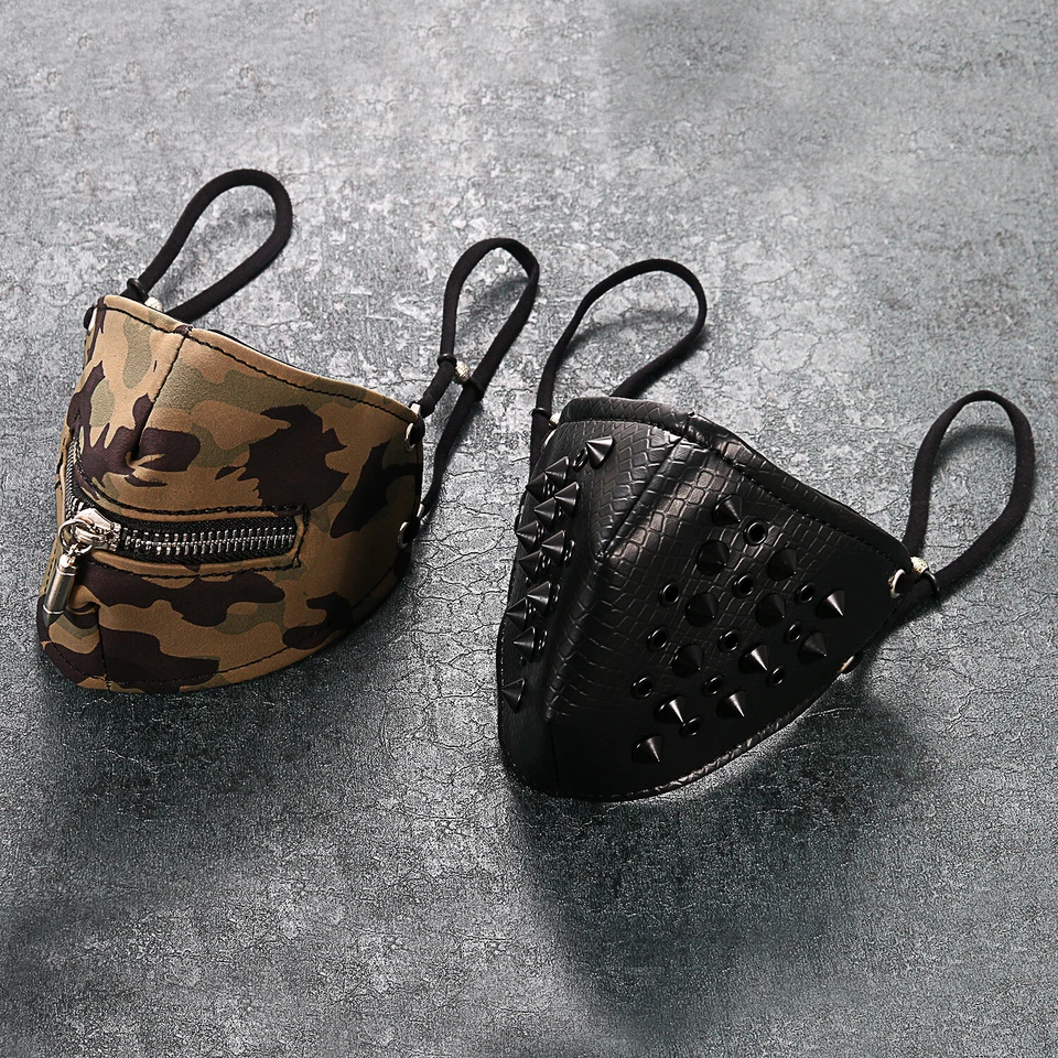 Máscara de cuero con remache de espiga cremallera bala al aire libre motociclista motocicleta media máscara facial Foto 2 de 4