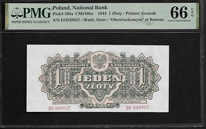 Poland  1 Zloty 1944 PMG 66 EPQ  UNC P# 105a Series EO  Printer Goznak