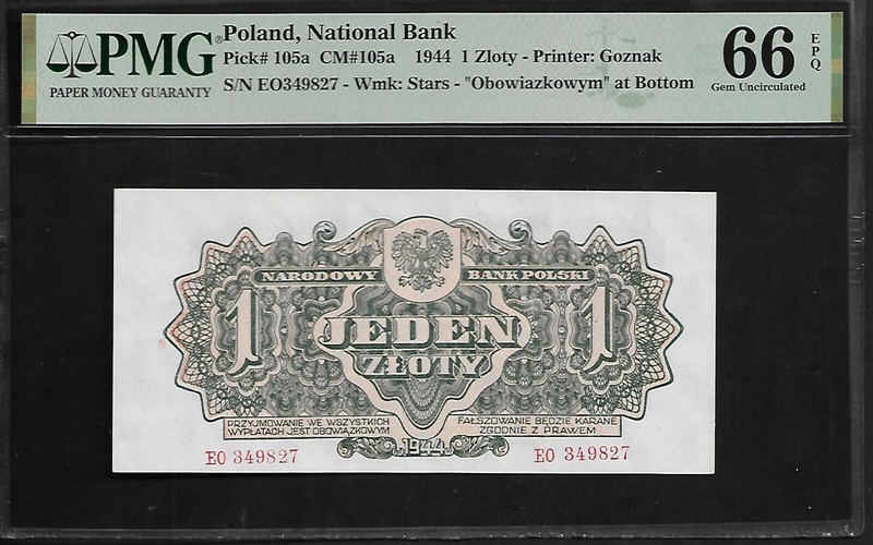 Poland  1 Zloty 1944 PMG 66 EPQ  UNC P# 105a Series EO  Printer Goznak