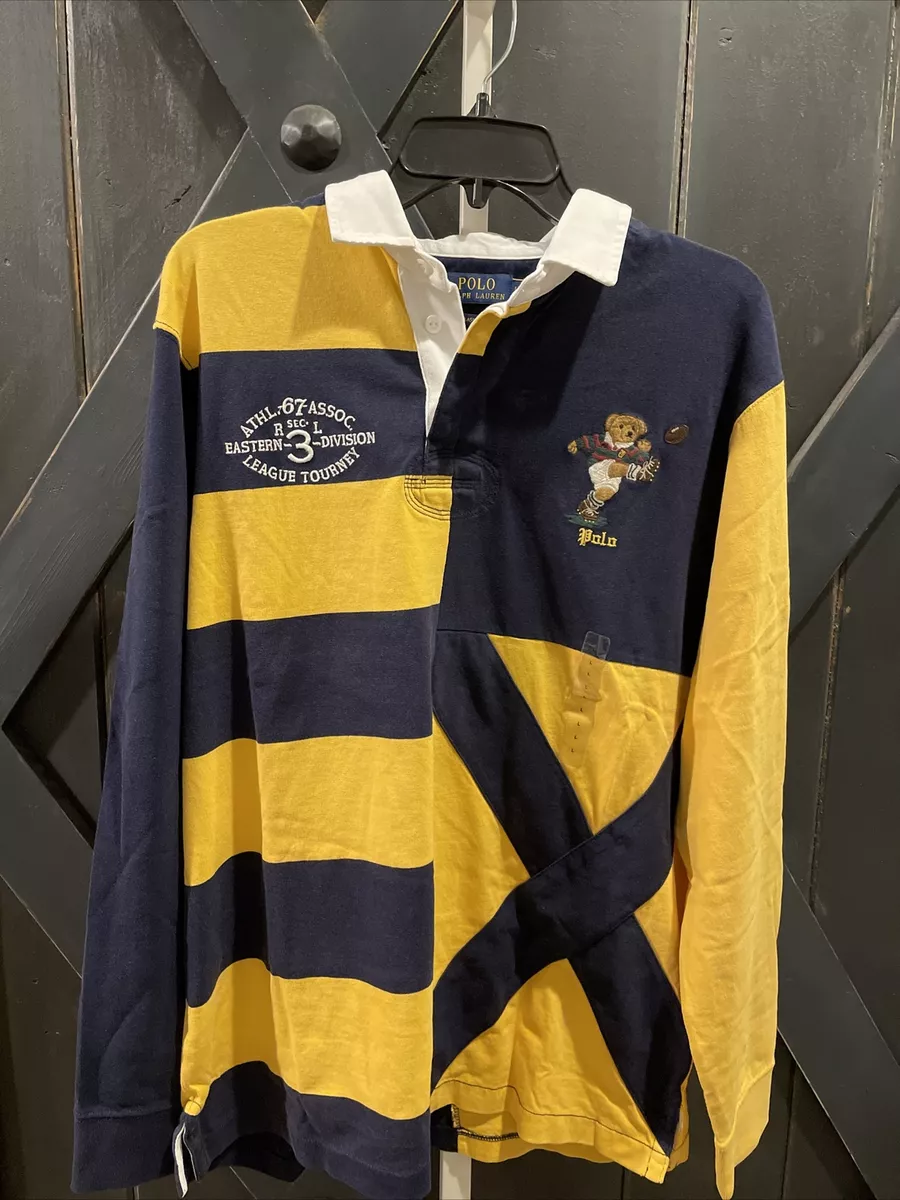 NWT Polo Ralph Lauren Men s Classic Fit Yellow Kicker Bear Patchwork Rugby Sz S