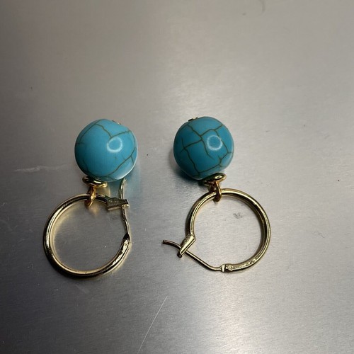 NWOT Natural Blue Turquoise Round Gemstone Beads Dangle Gold Leverback Earrings - Picture 8 of 12