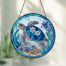 Sea Turtle Floral Stained Glass Suncatcher, Blue Turtle Window Hanging