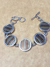 Vintage Woven Modernist Tri Color Sterling Silver Toggle Bracelet 35g 7" -8.5" 