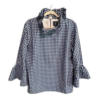 Elizabeth Wilson Shirt  Katherine Ruffle Neck Blue Gingham Top XXL