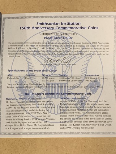 1996-P Smithsonian Institution 150th Anniversary Silver Dollar Proof COA OGP - Picture 6 of 7