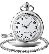LYMFHCH Smooth Vintage Pocket Watch with Chain, Arabic Numerals Scale Silver