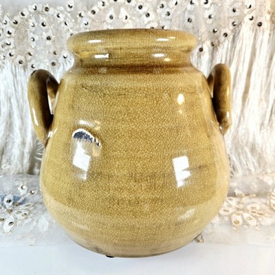 French Confit Pot 2 Handles Glazed Ochre Yellow Terra Cotta Stoneware 7.75''H