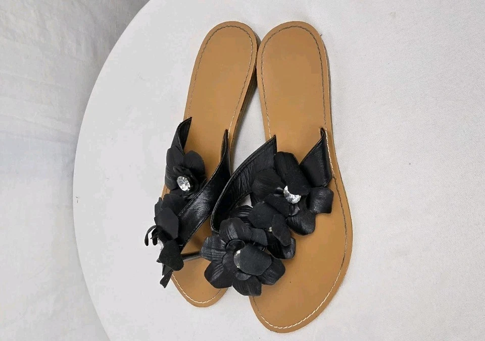 Sandalias para mujer elegantes de bambú negras florales talla 10 Foto 3 de 4