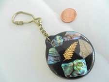 Vtg MCM Seashell Keychain Acrylic Abalone Shell Gold Leaf Black Beach Keyring