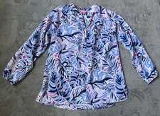 Simply Southern Leaf Print Peasant Blouse Button Neck Sz M ‘Lilly Pulitzer Like’