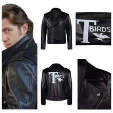Danny Zuko Juegos con disfraces Fiesta de Halloween para hombres Negro Cremallera T-birds Negro Chaqueta Abrigo