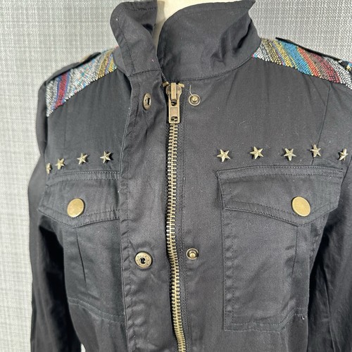 Cecico Military Field Jacket Women Size Medium Black Stars Aztec Tapestry Hippie - Picture 8 of 17