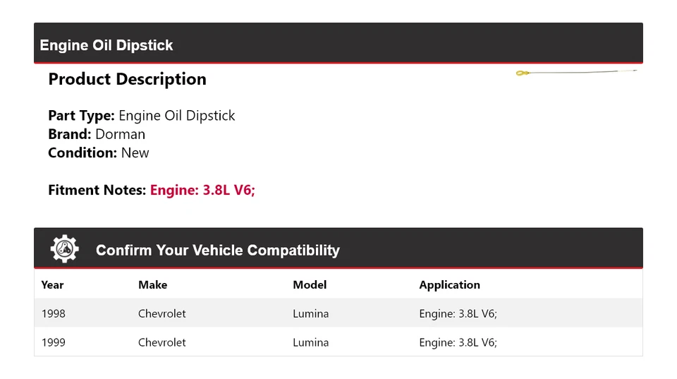 Vareta de óleo de motor Chevrolet Lumina 3.8L V6 Dorman 1998-1999 - Imagem 2 de 4