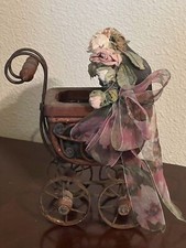 Antique Wooden Baby Carriage w Floral  Ribbon. Deco. 9x7x5 inches