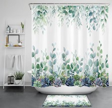Succulent Plant Green Leaf Eucalyptus Shower Curtain Bathroom Accessories Set