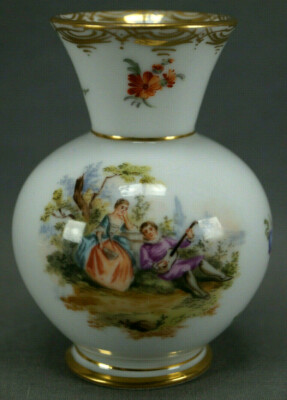 Edme Samson Paris Hand Painted Dresden Watteau Scene Floral Gold 3 3/4 Inch Vase