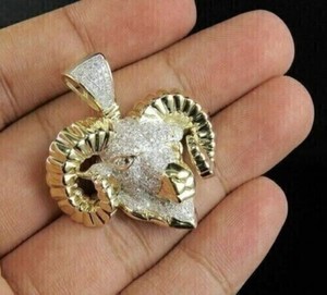 Authentic Men 3Ct Lab Created Diamond Aries Zodiac Animal Pendant 14K Yellow Gold Plated