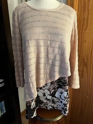 WOMENS dressbarn LARGE pink metallic and floral two layer lightweight SWEATER