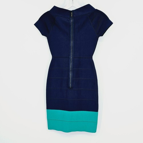 Nuevo Vestido Vaina BCBGMaxAzria Kisha XS Azul Verde Hombro Descubierto Bloque de Color Cremallera - Imagen 10 de 11