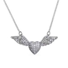 Heart Angel Wing Pendant Necklace Simulated Diamond 14K White Gold Plated Silver