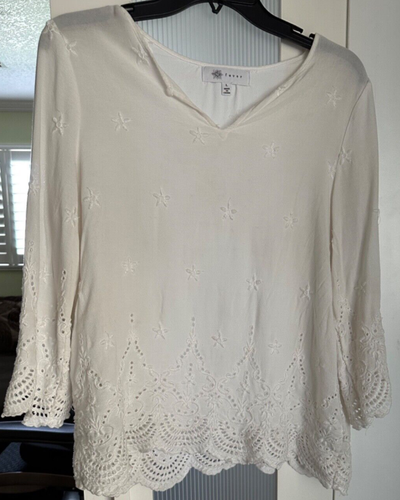 Fever Women's White Lacy Boho Pattern Blouse Size L