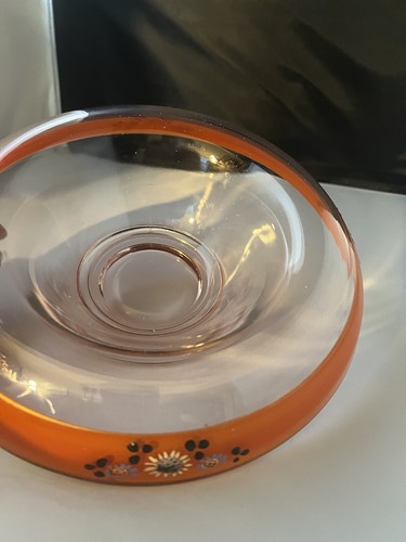Vintage Pink glass console fruit bowl enamel flowers reverse painted orange - Picture 19 of 20
