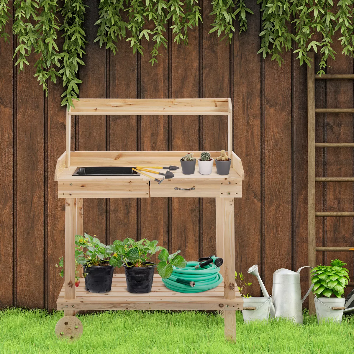 Wood Outdoor Plant Potting Bench Table w 2 Wheels Large Storage Spaces