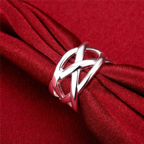 925 Sterling Silver Minimalistic Infinity Criss Cross Geometric Net Weave Ring - Picture 1 of 3