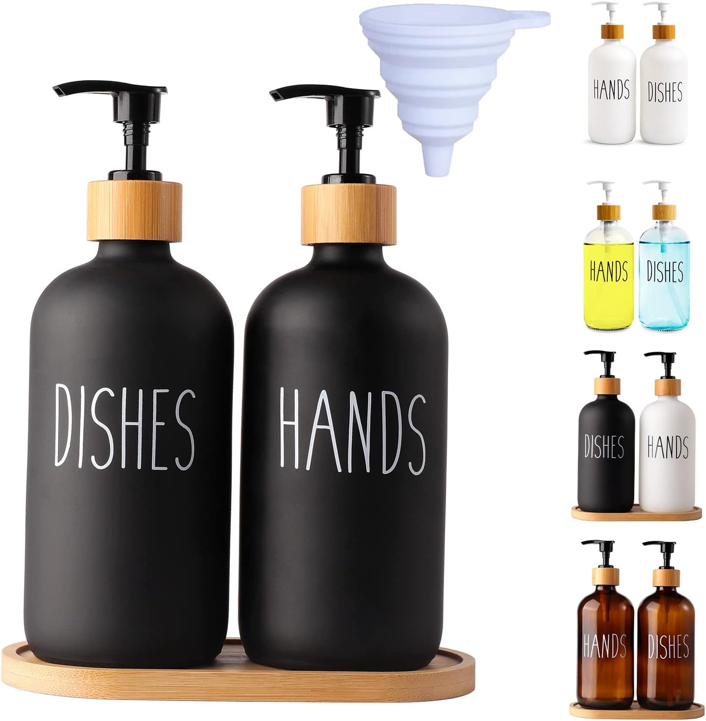 2 Pack Black Glass Soap Dispenser Set with Tray, Hand and Dish Glass Soap Dispen