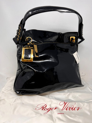Roger Vivier Paris Black Patent Leather Handbag NWT Gold Hardware Neiman Marcus