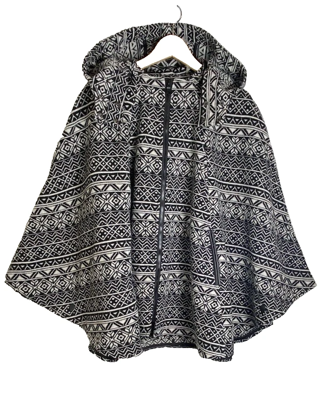 Wildflower Wool Blend Hooded Cape Poncho Women’s M Geometric Zip Front Black