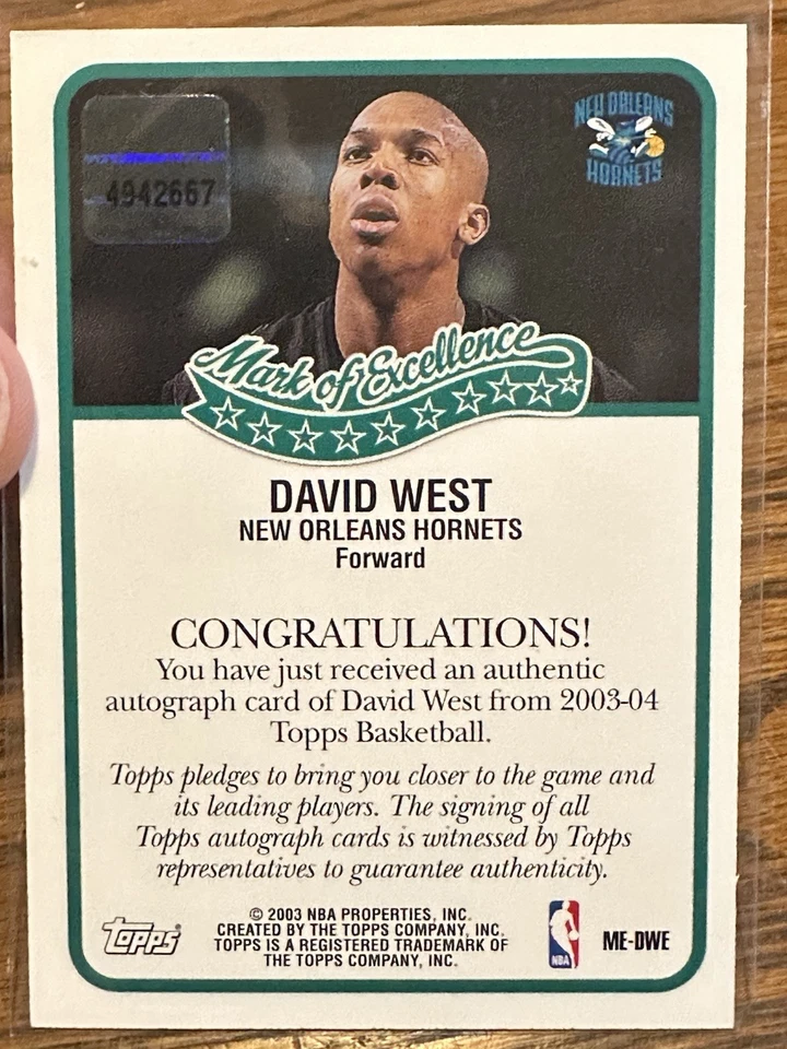 2003-04 Topps Mark Of Excellence en tarjeta automática, David West #ME-DWE Hornets Foto 2 de 2