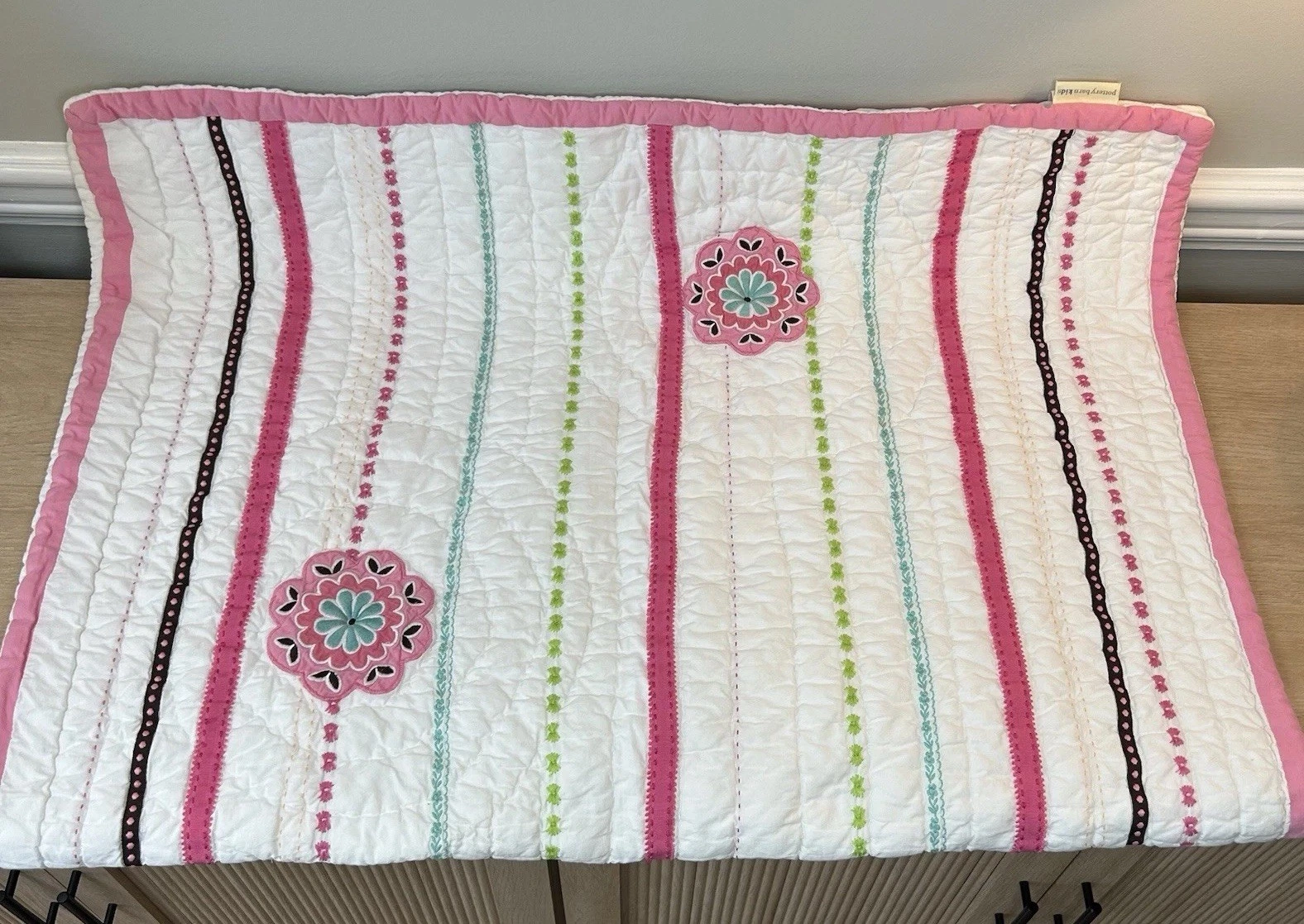 POTTERY BARN KIDS Crib Quilt Flowers Stripe Baby Bedding Embroidered Blanket
