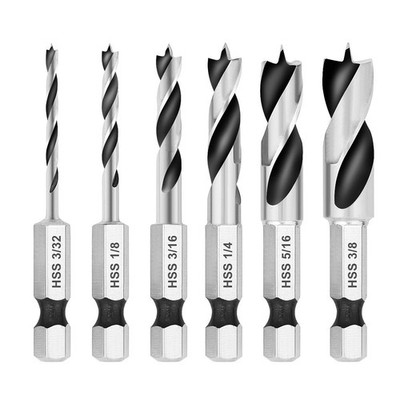6 PCS Brad Point Stubby Drill Bit Set, HSS 4241 Steel, 1/4 Hex Shank, Wood
