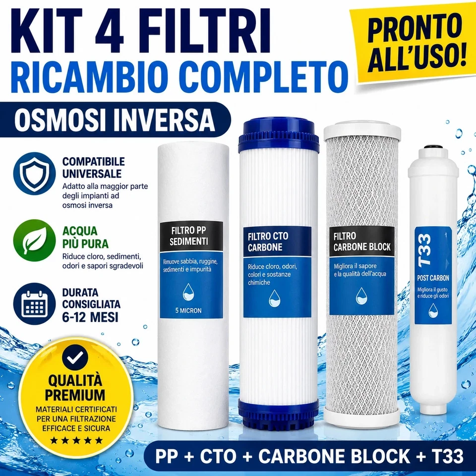 DC Solution Kit 4 Filtri Carbone Attivo e Sedimenti per Purificatori di Acqua