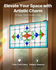 Stained Glass Tiffany Style Hanging Window Panel with Chain 26 x 16 Inches