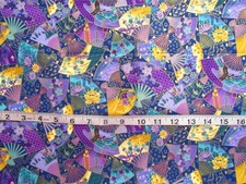 1 yd Cotton Fabric Oriental Fans with Metallic Gold Accents, Purples Gold, Blues